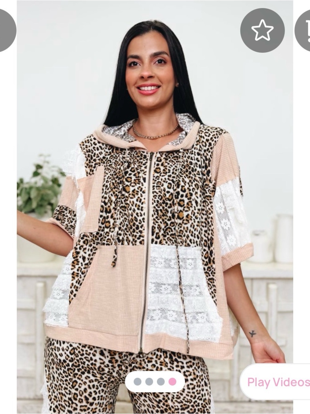 POL Leopard Print & Lace Panel Zip Hoodie Jacket - Pink